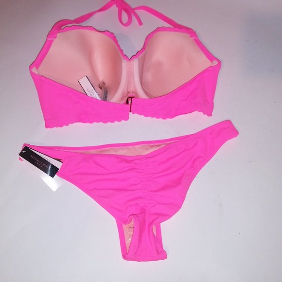 Victoria Secret Swim Bikini 36D Top Medium Bottom Solid Neon Pink Ruffle Trim - Picture 8 of 12